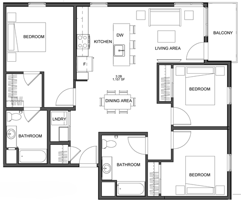 Floor plan for 3 beds, 2 baths, 1157 sqft